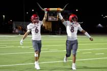 Arbor View wide receiver Jayden Williams (6) and strong safety Jahmali Brown (8) bring their Ba ...