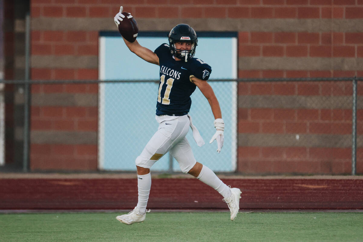 Foothill wide receiver Devon Wake celebrates a touchdown at Foothill High School on Friday, Oct ...