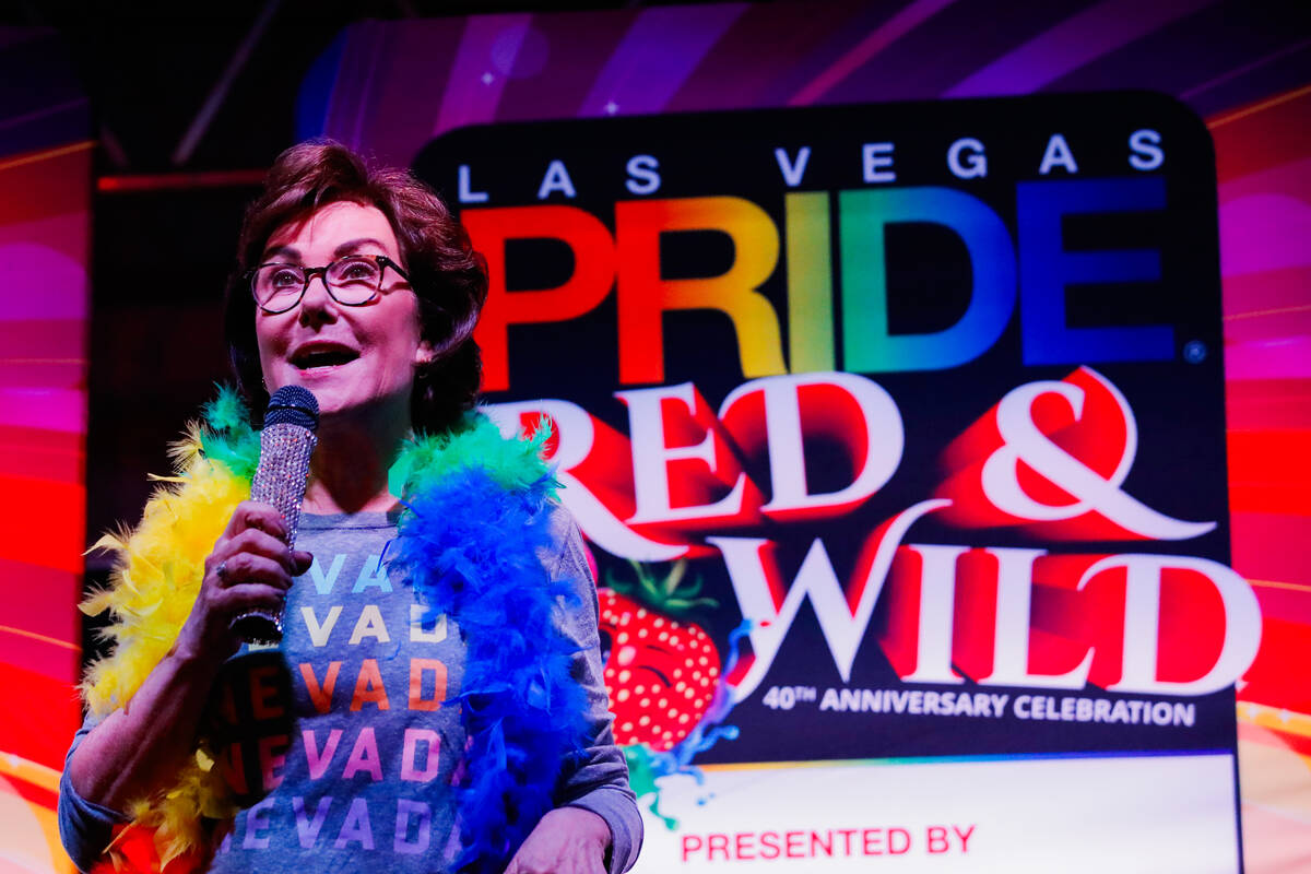 United States Senator Jacky Rosen speaks at the Annual Las Vegas PRIDE Night Parade on Friday, ...