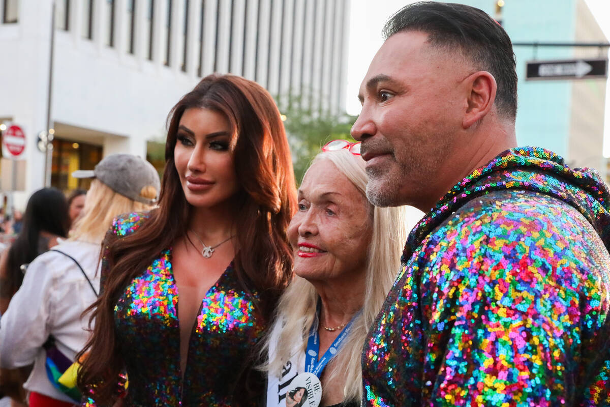 The Grand Marshalls of the Annual Las Vegas PRIDE Night Parade, Holly Sonders, left, and Oscar ...