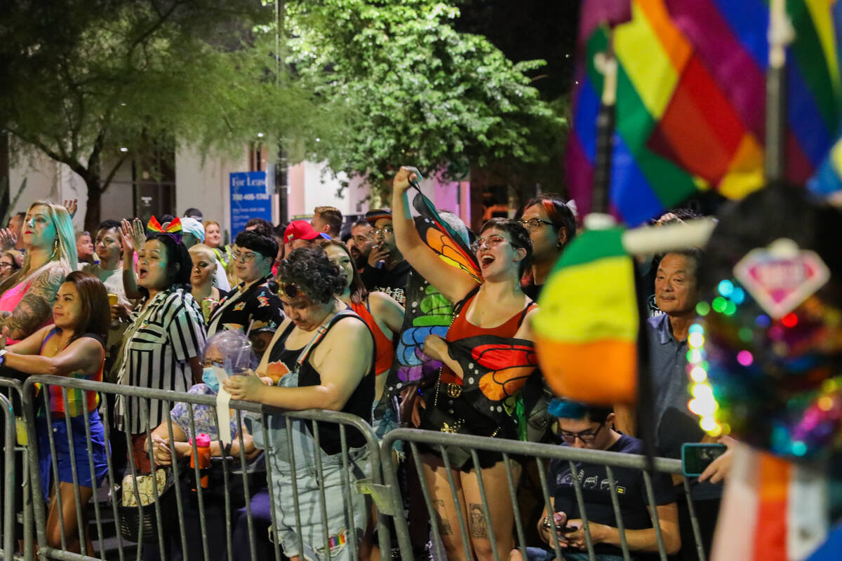 People cheer on the Annual Las Vegas PRIDE Night Parade on Friday, Oct. 6, 2023 in Las Vegas. ( ...