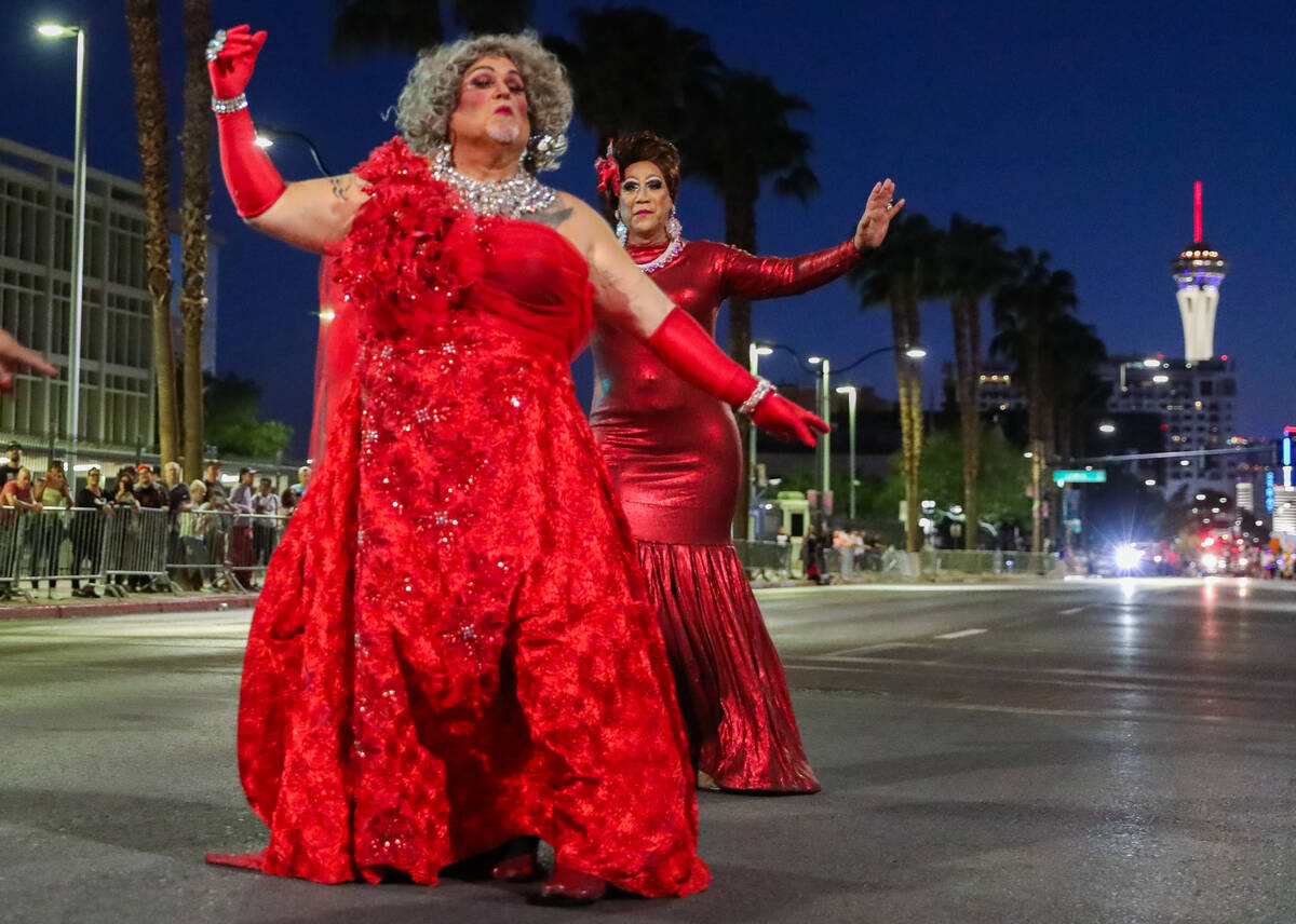 The Las Vegas Pride Royalty group performs at the Annual Las Vegas PRIDE Night Parade on Friday ...