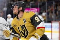 Golden Knights center Jack Eichel (9) reacts after his shot on goal was unsuccessful during the ...