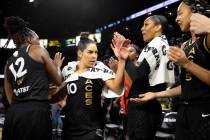 Las Vegas Aces starters Chelsea Gray, left, Kelsey Plum, A’ja Wilson and Kiah Stokes cel ...