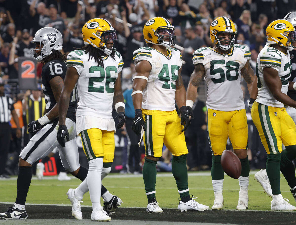 Raiders wide receiver Jakobi Meyers (16) celebrates his touchdown as the Green Bay Packers play ...