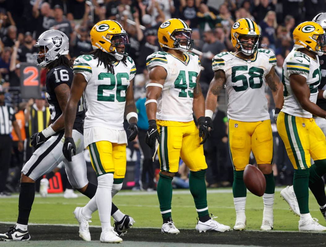 Raiders wide receiver Jakobi Meyers (16) celebrates his touchdown as the Green Bay Packers play ...