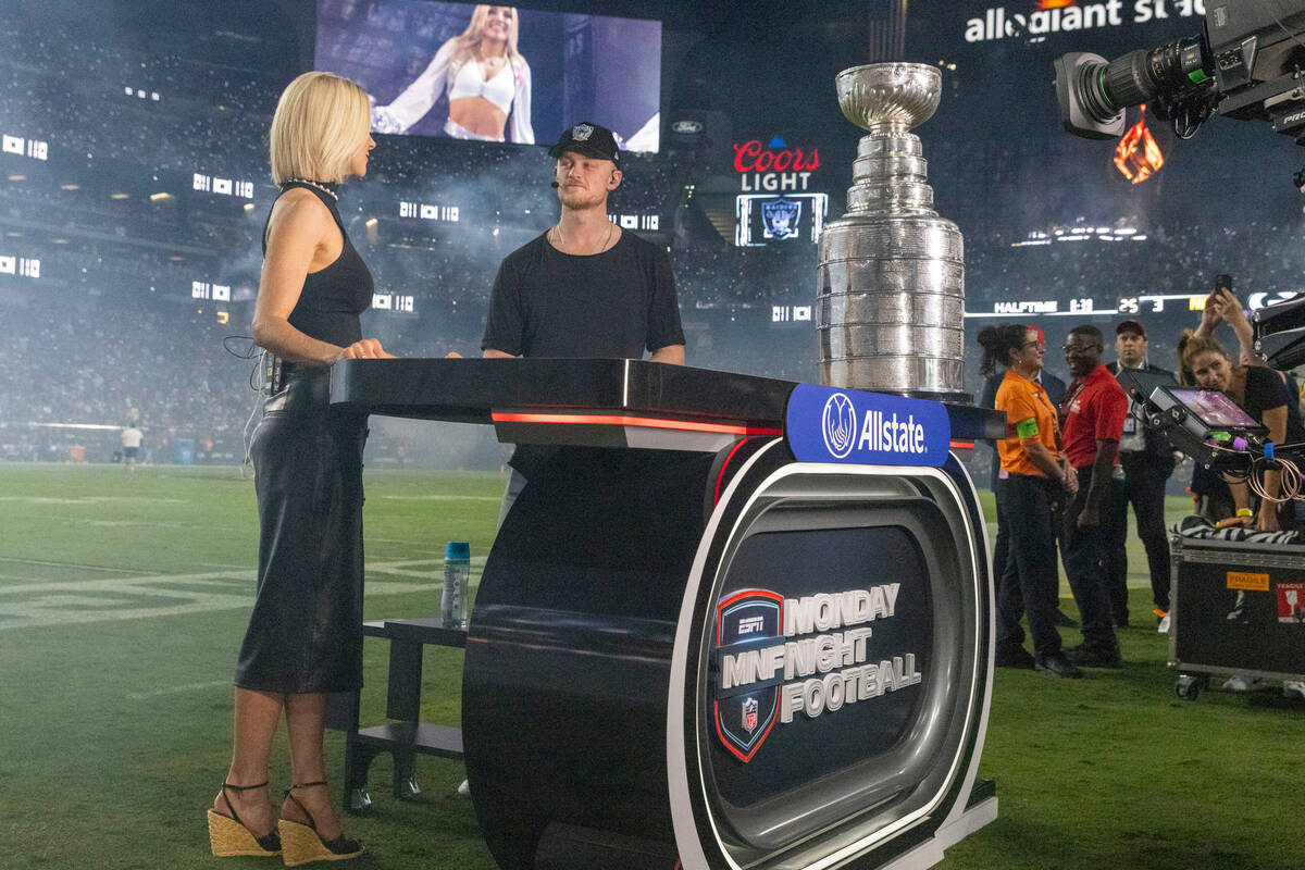 Vegas Golden Knights Jack Eichel is interviewed during Monday Night Football during halftime of ...