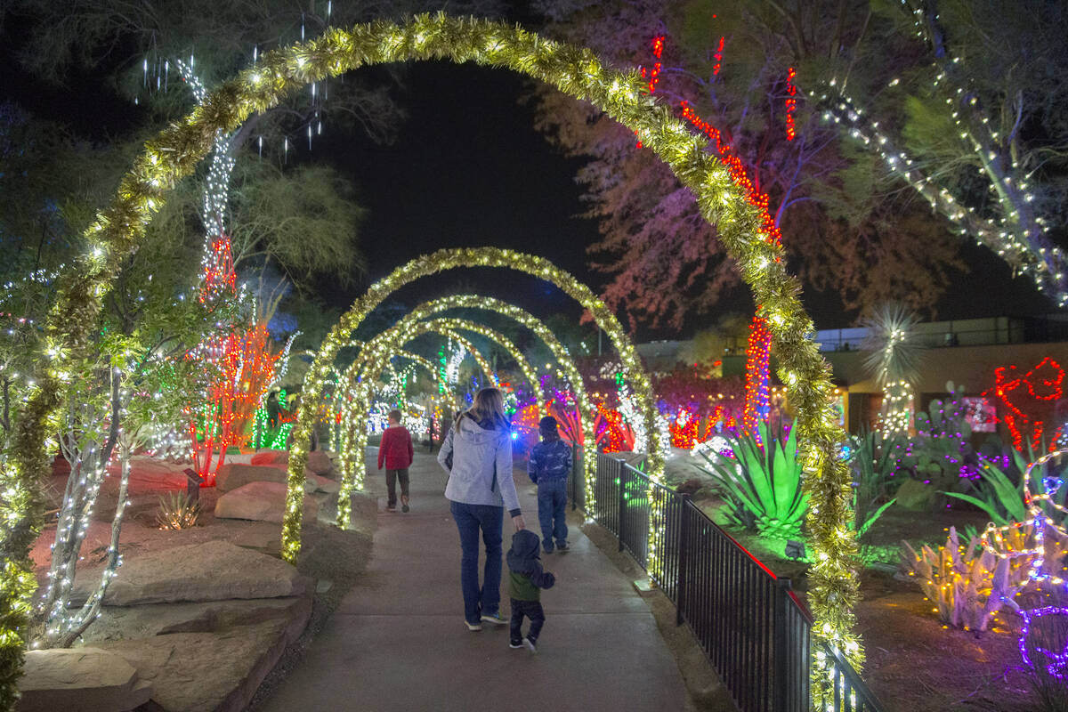 Holiday goers enjoy the lights at Ethel M Chocolates Botanical Cactus Garden on Monday, Novembe ...