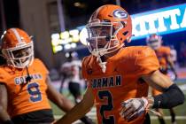 Bishop Gorman wide receiver Audric Harris (2) is congratulated on his touchdown by teammates du ...