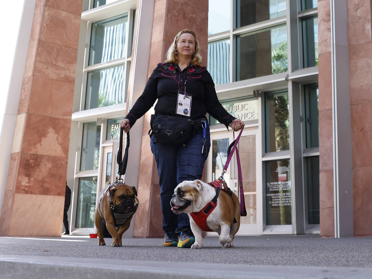 Stephani Loffredo poses for a photo with her therapy dogs, Hufflepuff, left, and Scarlett, walk ...