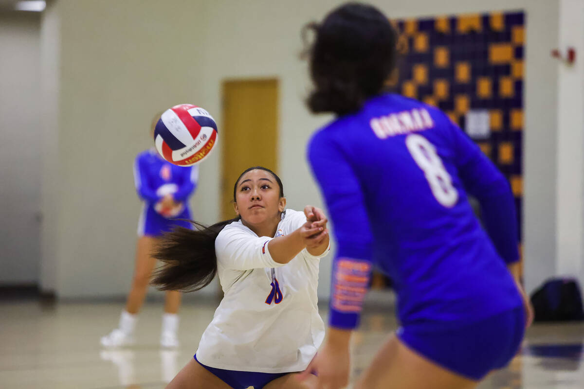 Bishop Gorman outside hitter Leilia Toailoa (18) hits the ball during a game against Shadow Rid ...