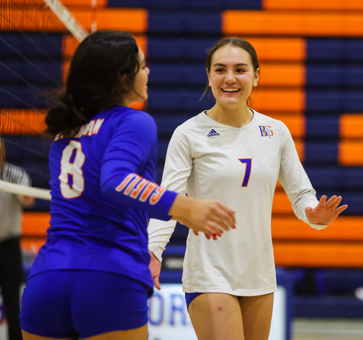 Bishop Gorman opposite hitter Kiana Toldeo-McMahon (7) celebrates a kill with a teammate during ...