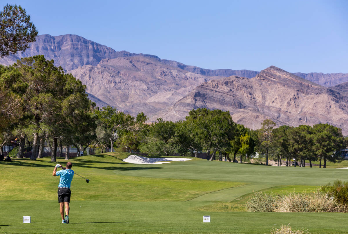 A golfer tees off on hole 9 during the Pro Am before the Shriners Children's Open from TPC Summ ...