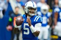 Indianapolis Colts quarterback Anthony Richardson (5) looks to throw a pass against the Tenness ...