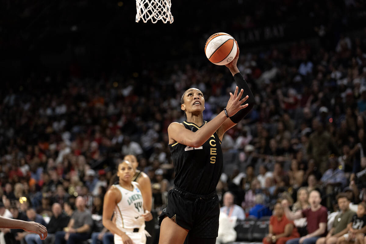 Las Vegas Aces forward A'ja Wilson (22) shoots during the second half in Game 2 of a WNBA baske ...
