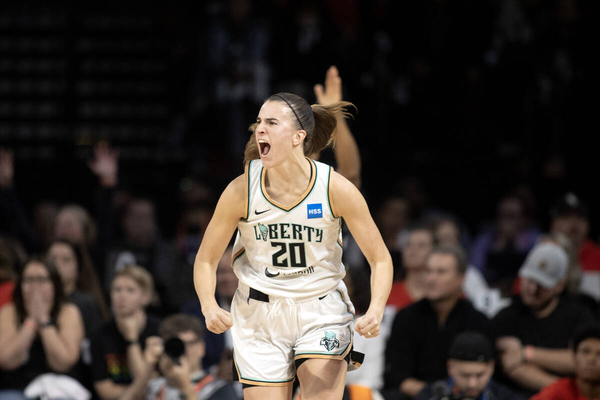 New York Liberty guard Sabrina Ionescu (20) celebrates after scoring during the first half in G ...