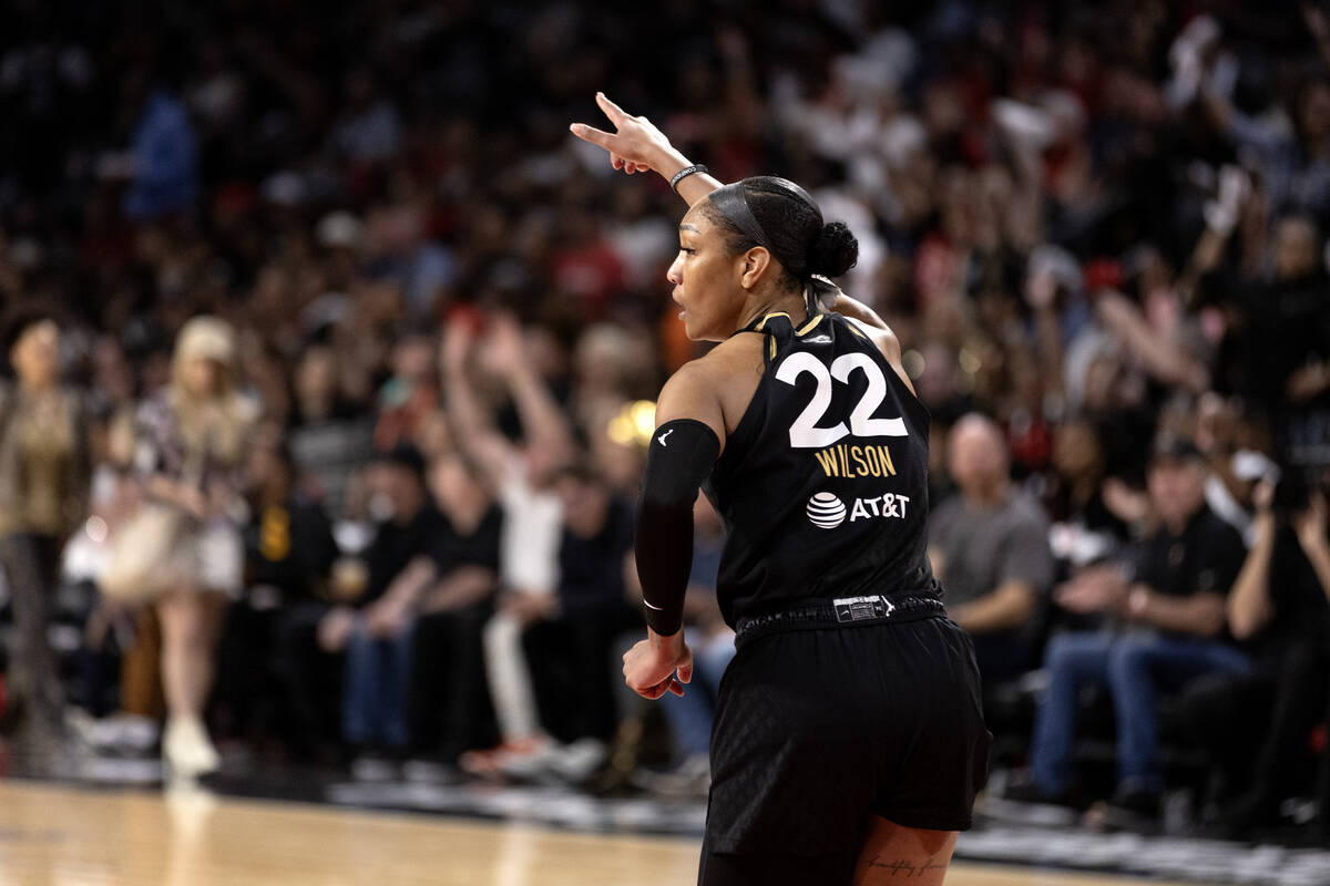Las Vegas Aces forward A'ja Wilson (22) celebrates after scoring during the second half in Game ...