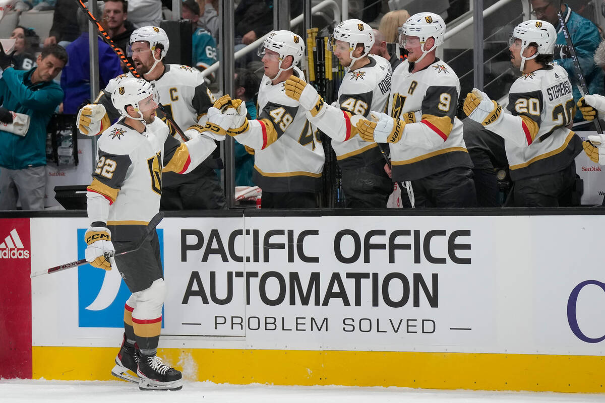 Vegas Golden Knights right wing Michael Amadio (22) is congratulated after scoring against the ...