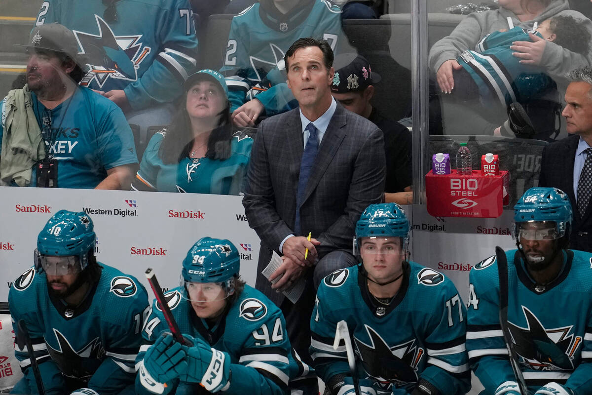 San Jose Sharks coach David Quinn watches from the bench during the third period of the team's ...