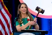 FILE - Re-elected Republican National Committee Chair Ronna McDaniel holds a gavel while speaki ...