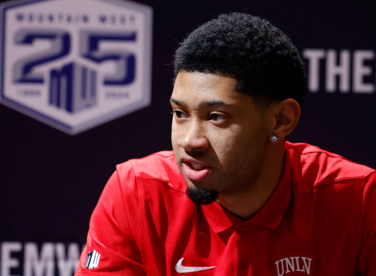 UNLV Rebels guard Justin Webster speaks during Mountain West media day, on Thursday, Oct. 12, 2 ...