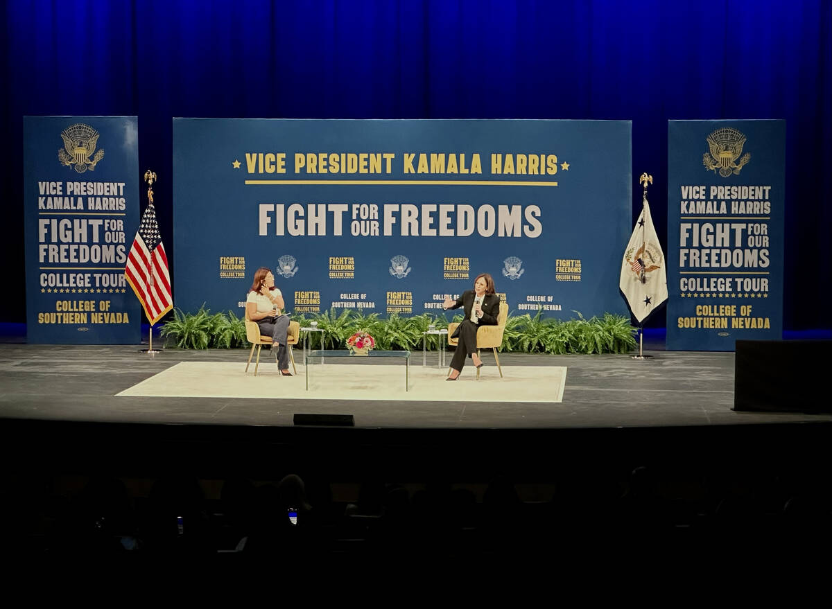 Vice President Kamala Harris, right, takes part in a discussion Thursday, Oct. 12, 2023, at the ...