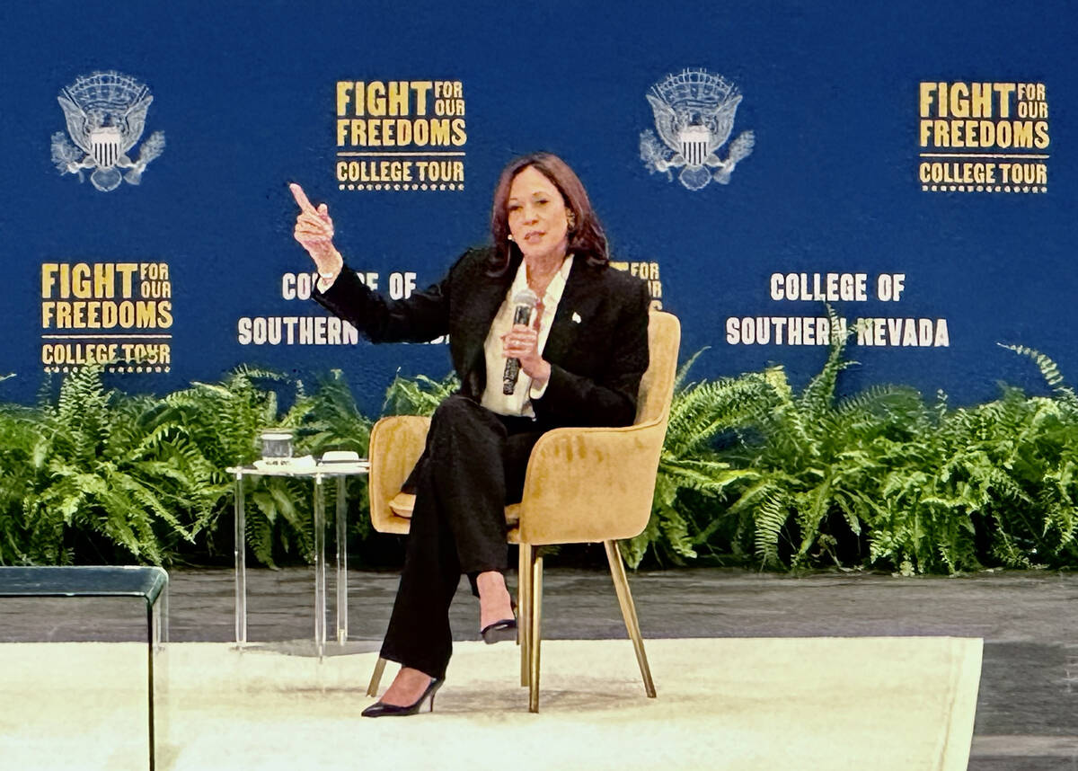 Vice President Kamala Harris takes part in a discussion Thursday, Oct. 12, 2023, at the College ...