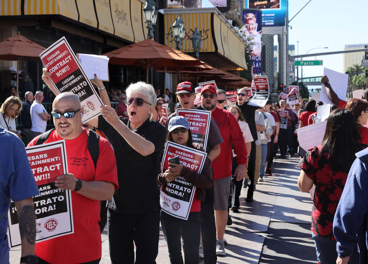 Members of Culinary Local 226 picket in front of Paris Las Vegas on the Strip Thursday, Oct. 12 ...