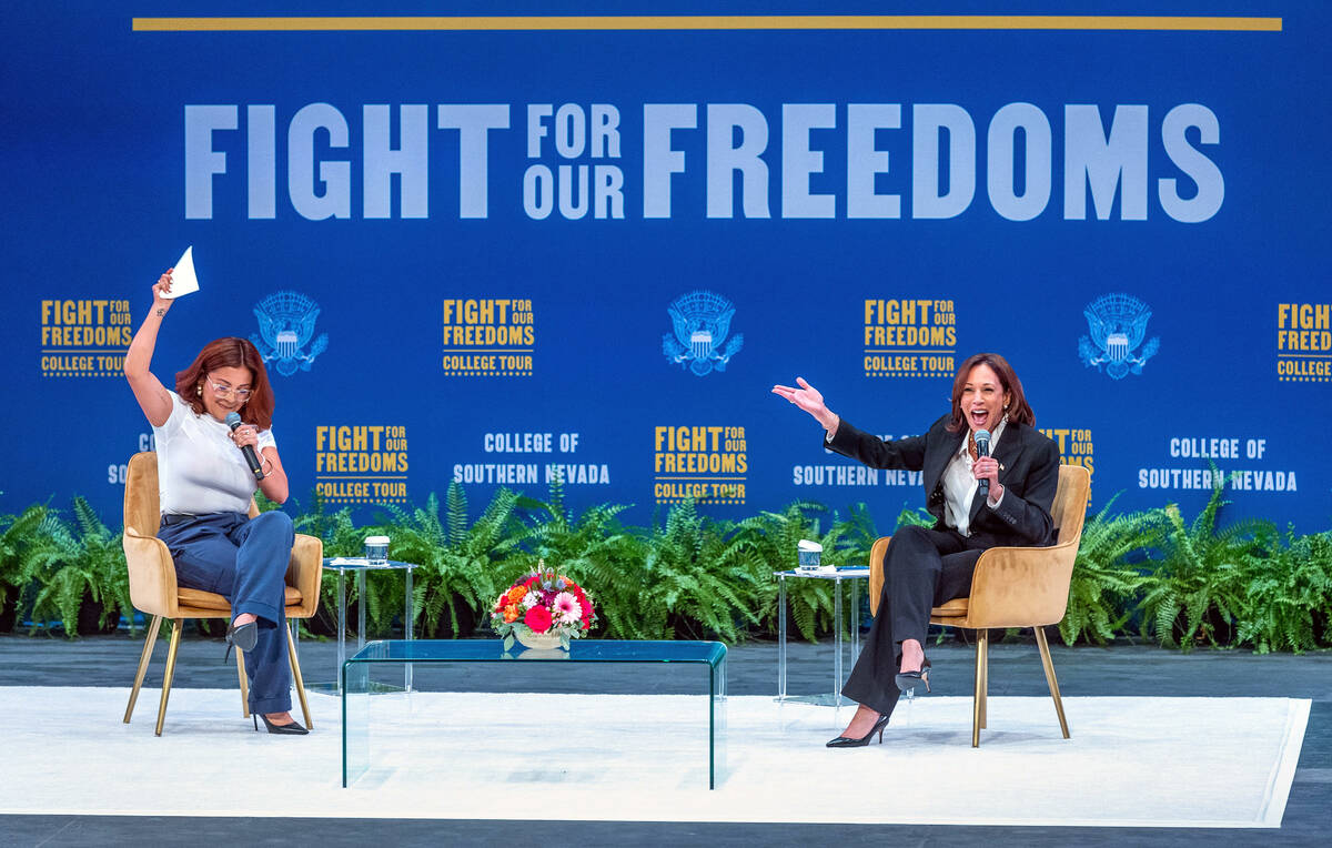 Vice President Kamala Harris, right, jokes with moderator Annie Gonzalez on stage during her &# ...