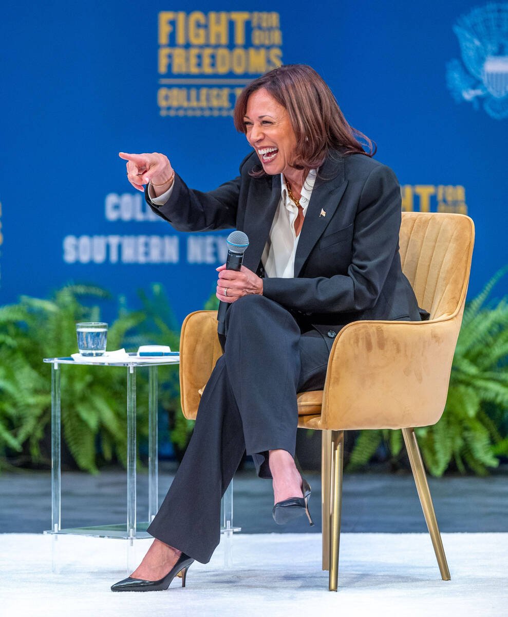 Vice President Kamala Harris acknowledges an audience member as she speaks during her “F ...
