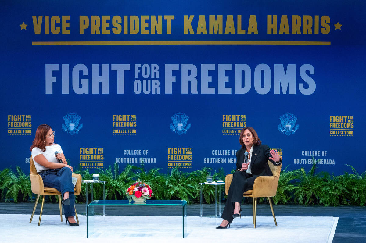 Vice President Kamala Harris, right, answers a question from moderator Annie Gonzalez on stage ...