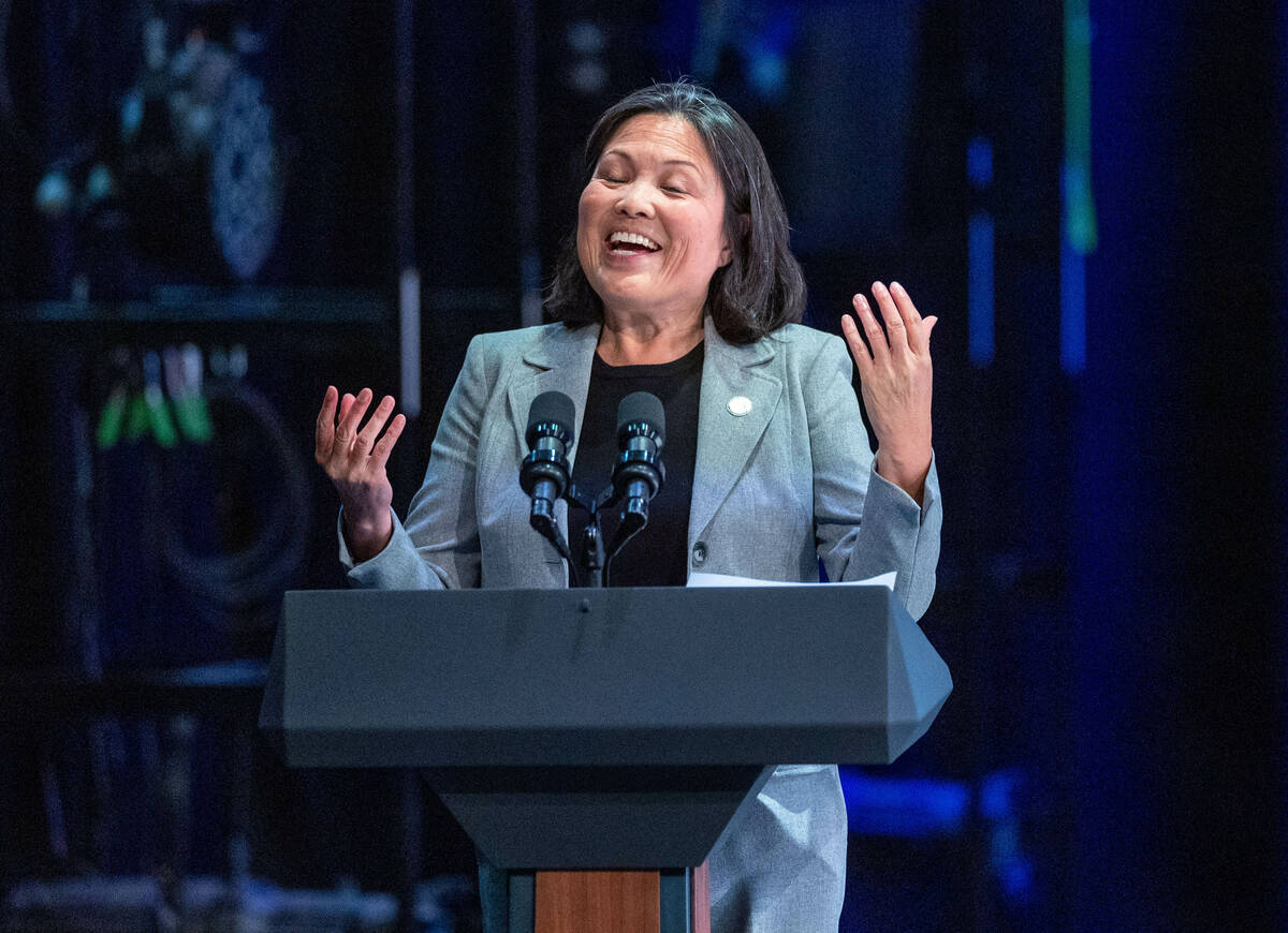 Acting Secretary of Labor Julie Su speaks before Vice President Kamala Harris takes the stage d ...