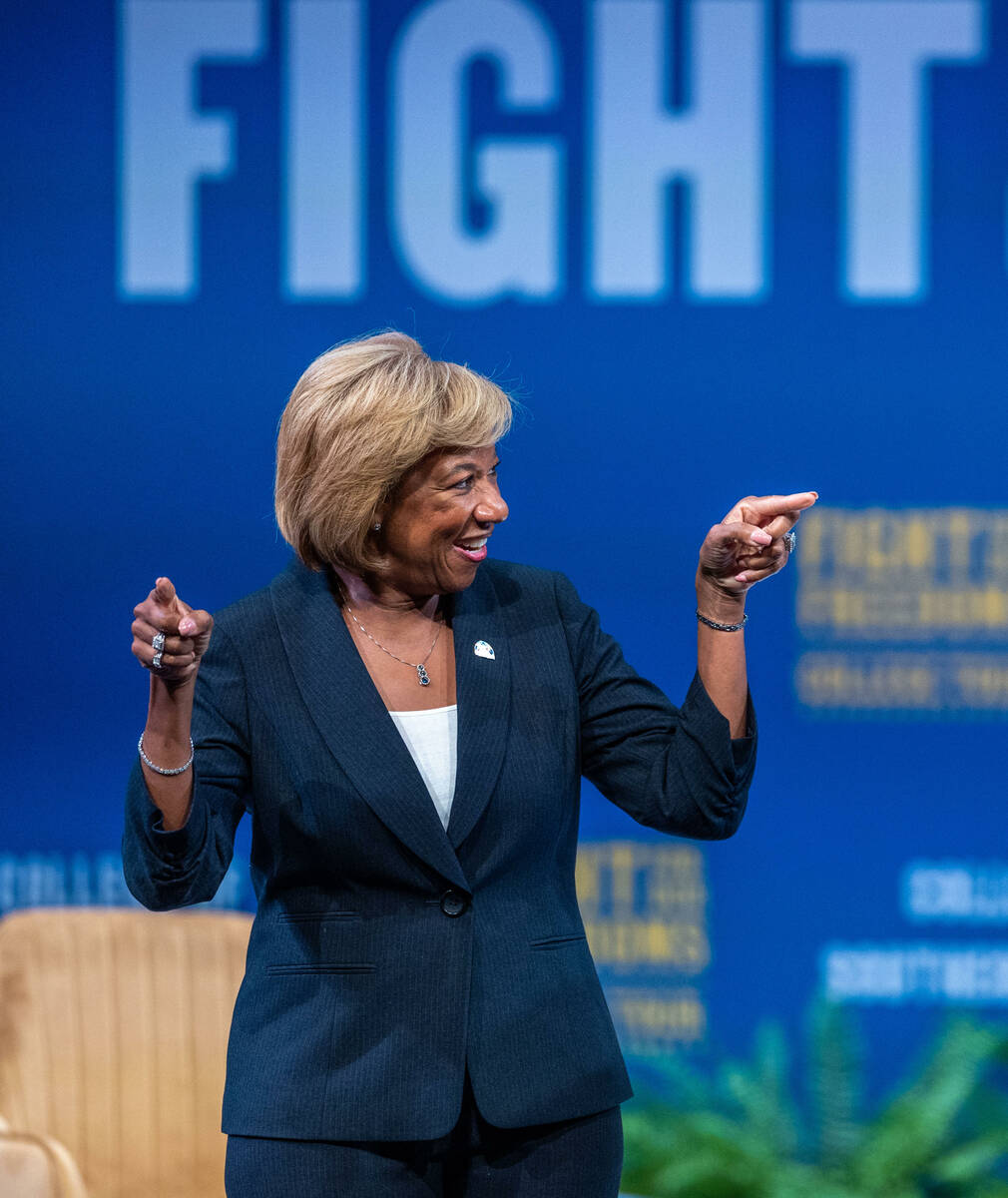 North Las Vegas Mayor Pamela Goynes-Brown reacts to the crowd singing "Happy Birthday&quot ...