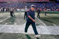 New England Patriots head coach Bill Belichick after an NFL football game, Sunday, Oct. 8, 2023 ...