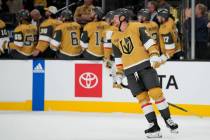 Vegas Golden Knights center Jack Eichel (9) celebrates after scoring against the Anaheim Ducks ...