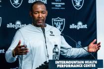 Raiders defensive coordinator Patrick Graham talks to the media during training camp at the Int ...