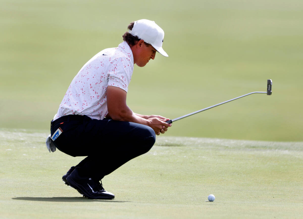 Cameron Champ surveys the green on the 9th green during the second round of the Shriners Childr ...