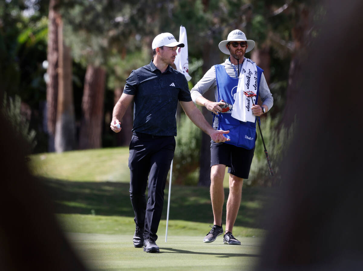 Nick Taylor reacts after making his putt on the seventh green during the Shriners Children&#x20 ...