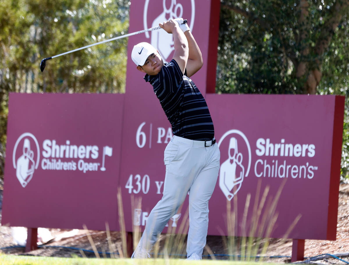 Tom Kim drives off the tee during the Shriners Children’s Open tournament at TPC Summerl ...