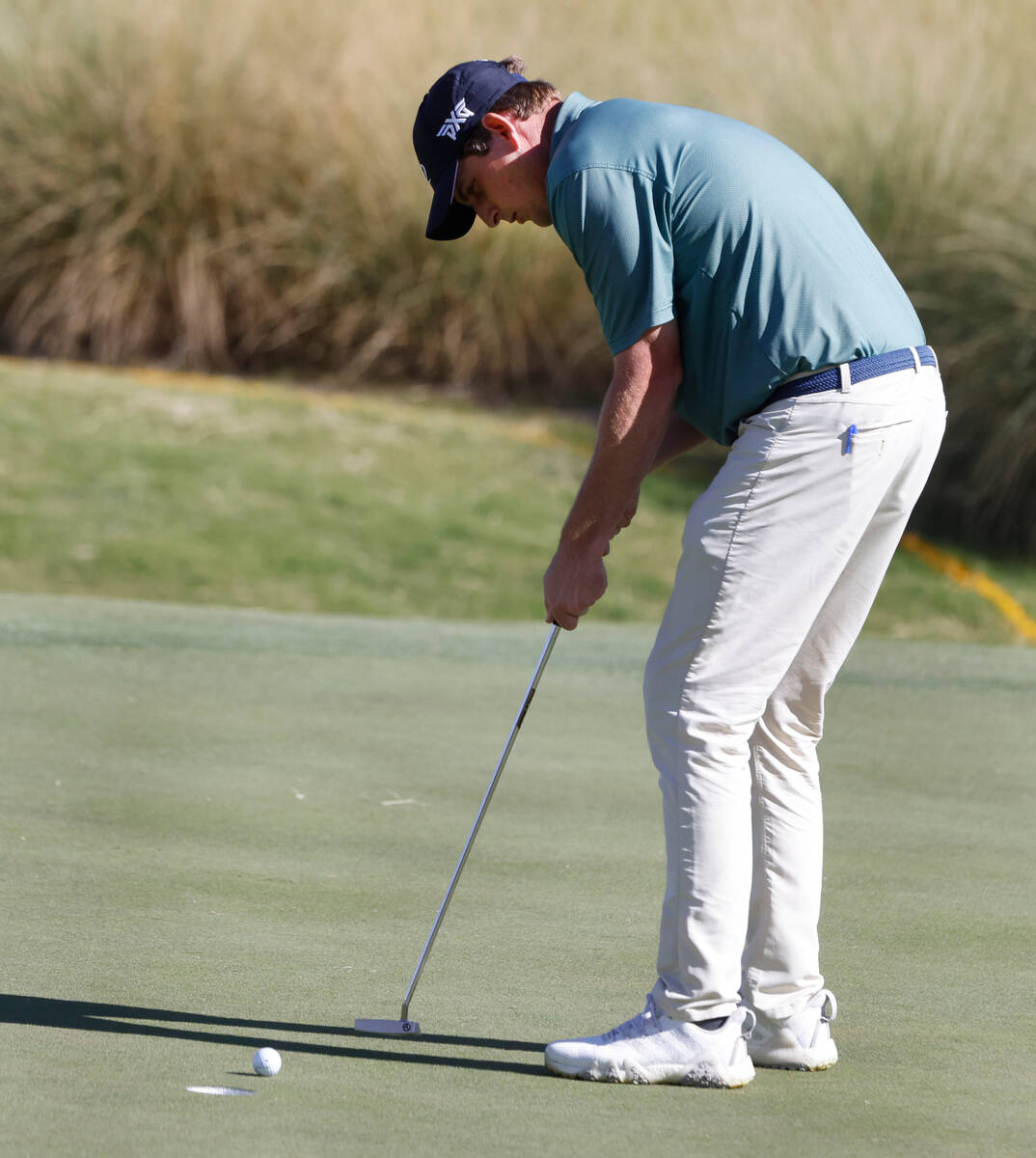 Henrik Norlander watches his putt on the 16th during the Shriners Children’s Open tourna ...