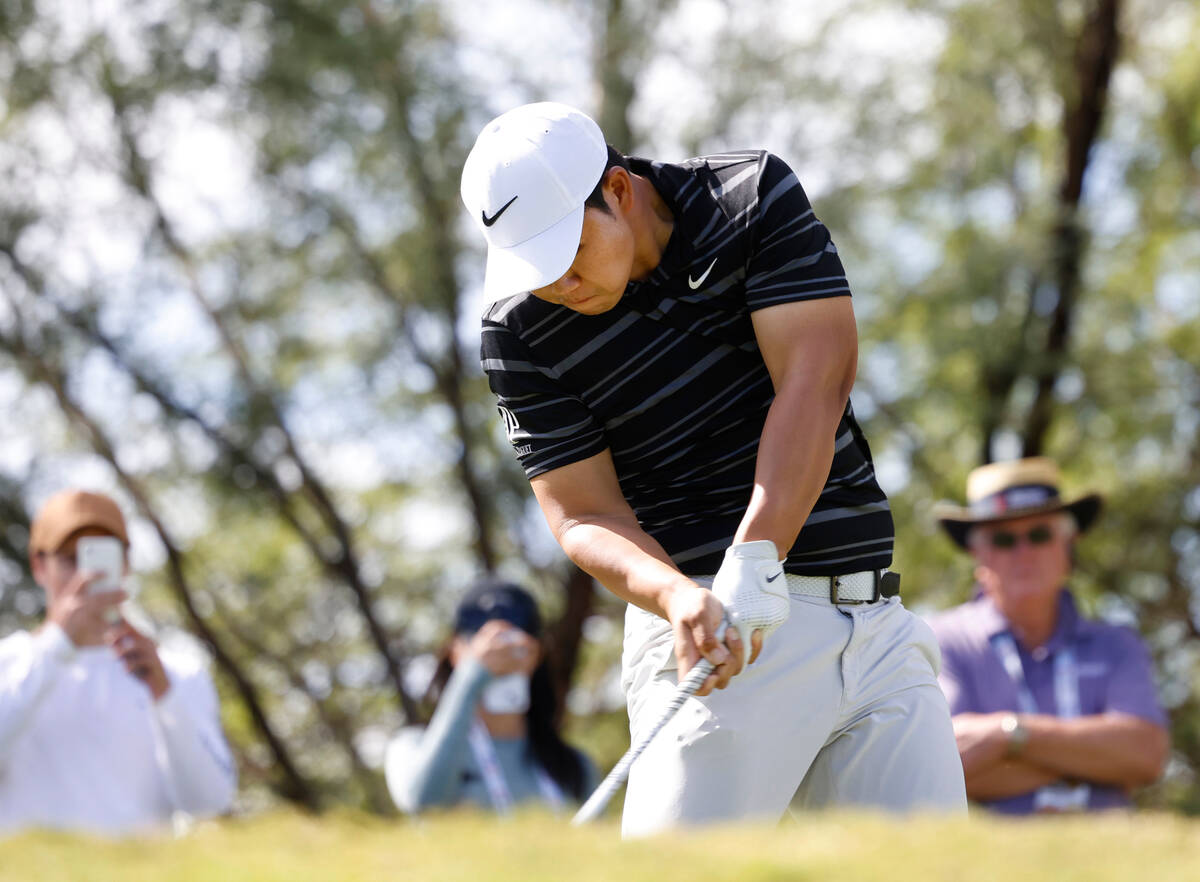 Tom Kim drives off the tee during the Shriners Children’s Open tournament at TPC Summerl ...