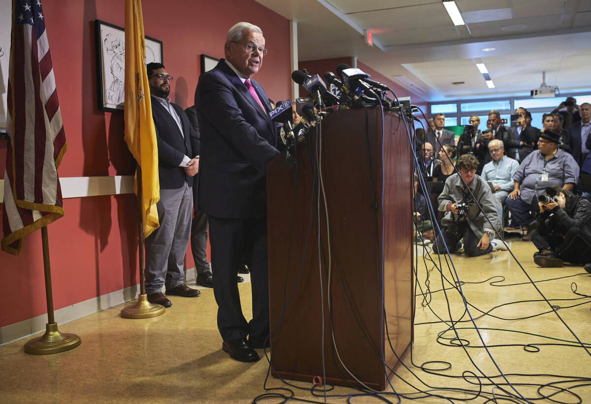 Sen. Bob Menendez speaks during a news conference on Monday, Sept. 25, 2023, in Union City, N.J ...
