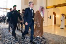 U.S. Secretary of State Antony Blinken, center, arrives to meet with Saudi Foreign Minister Pri ...