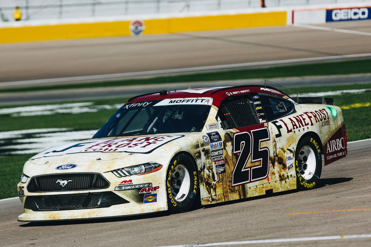 Brett Moffitt (25) makes his way to his pit crew during the NASCAR Xfinity Series race at the L ...