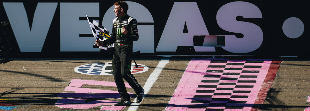 Riley Herbst celebrates winning first place in the NASCAR Xfinity Series race at the Las Vegas ...