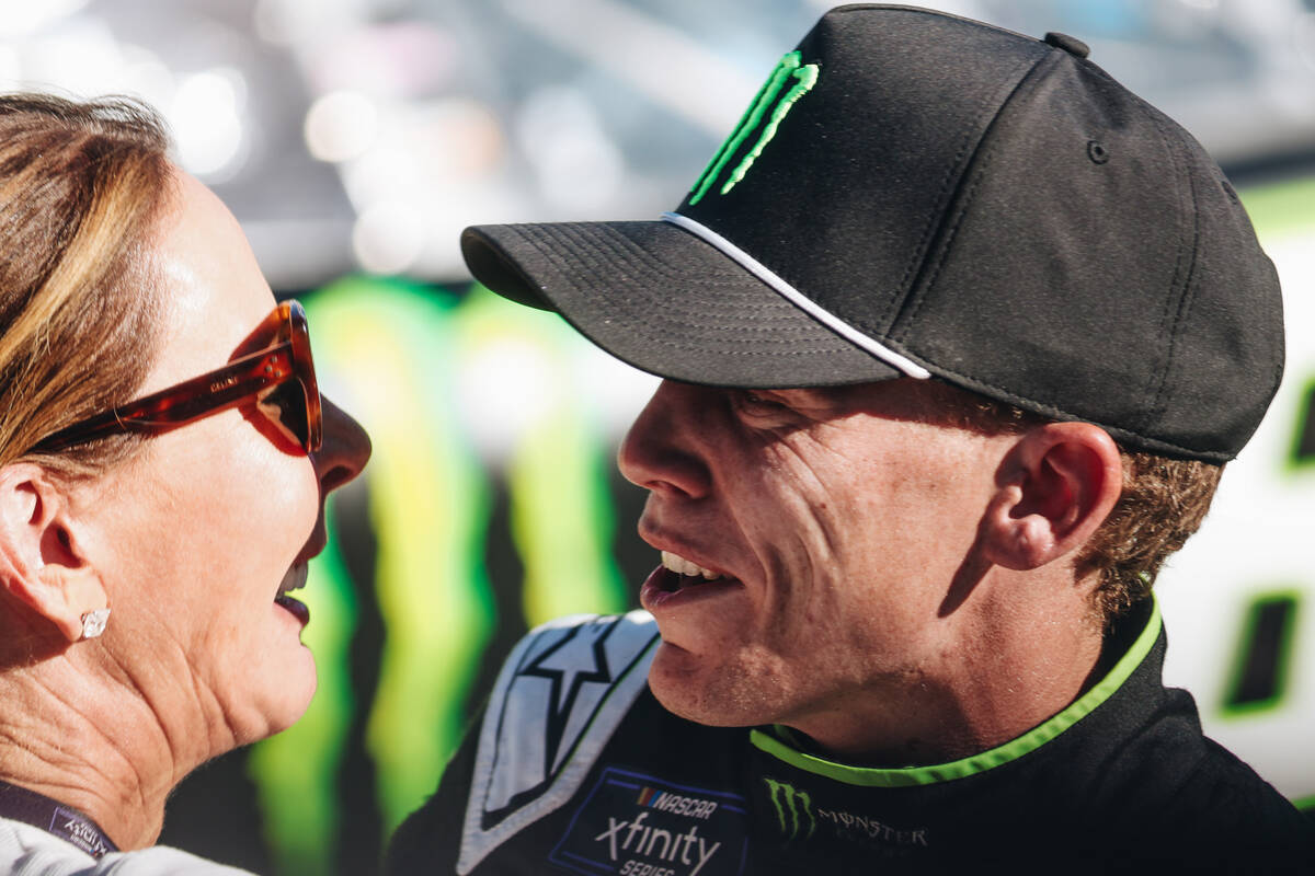 Riley Herbst gets emotional after winning first place in the NASCAR Xfinity Series race at the ...