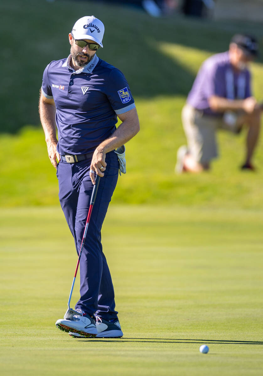 Adam Hadwin looks to a putt on the green at hole 18 during day 3 play at the Shriners Children' ...