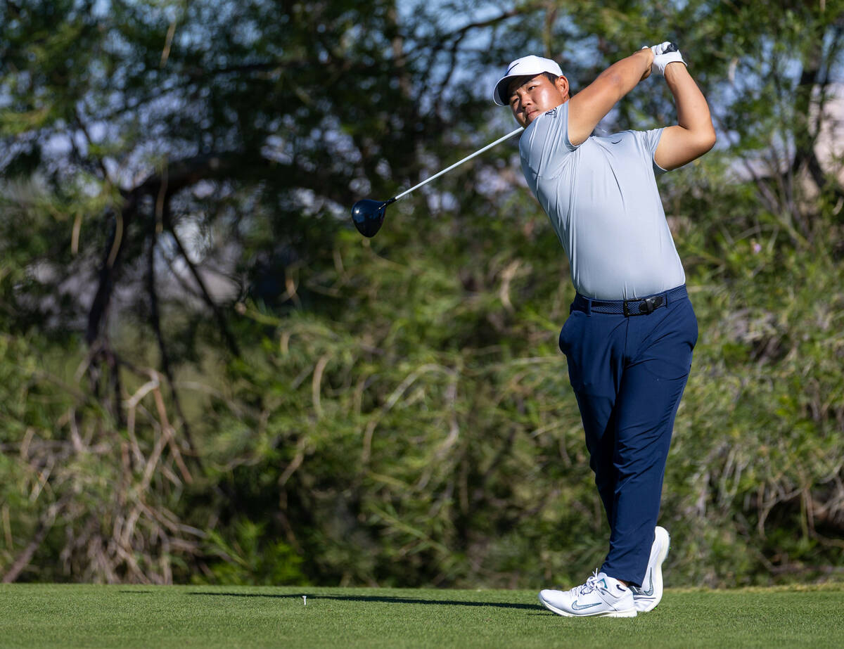 Tom Kim tees off on hole 18 during day 3 play at the Shriners Children's Open from TPC Summerli ...