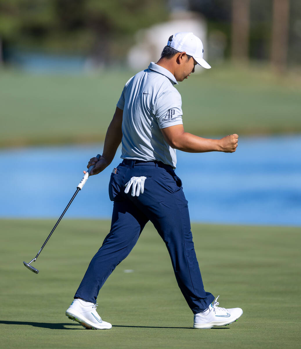 Tom Kim is pumped after a putt at hole 18 during day 3 play at the Shriners Children's Open fro ...