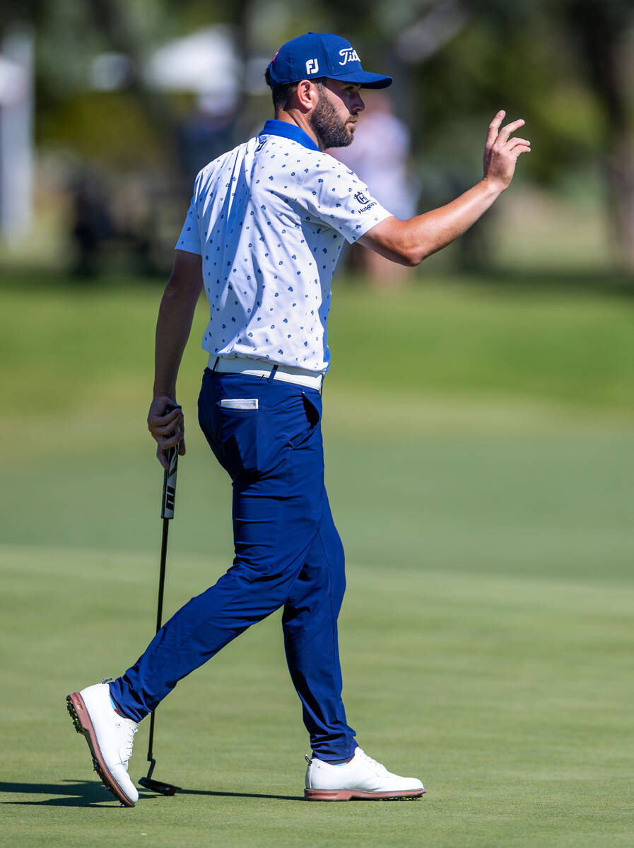 Callum Tarren thanks the crowd after finishing up on hole 18 during day 3 play at the Shriners ...